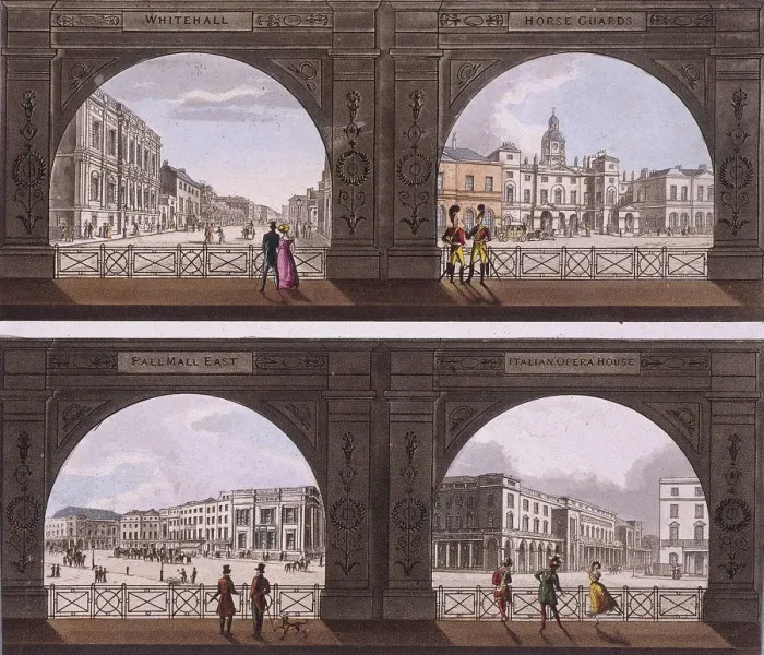 Framed Print : Four views of London sites seen through an arch, c1820 Framed Print : Four views of London sites seen through an arch, c1820