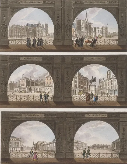 Framed Print : Six views of London sites seen through an arch, c1820 Framed Print : Six views of London sites seen through an arch, c1820