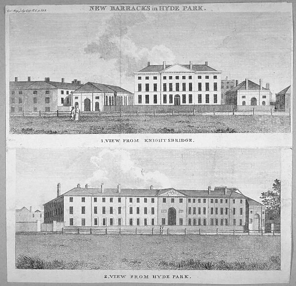Two views of the new barracks in Hyde Park, London, 1797. Artist