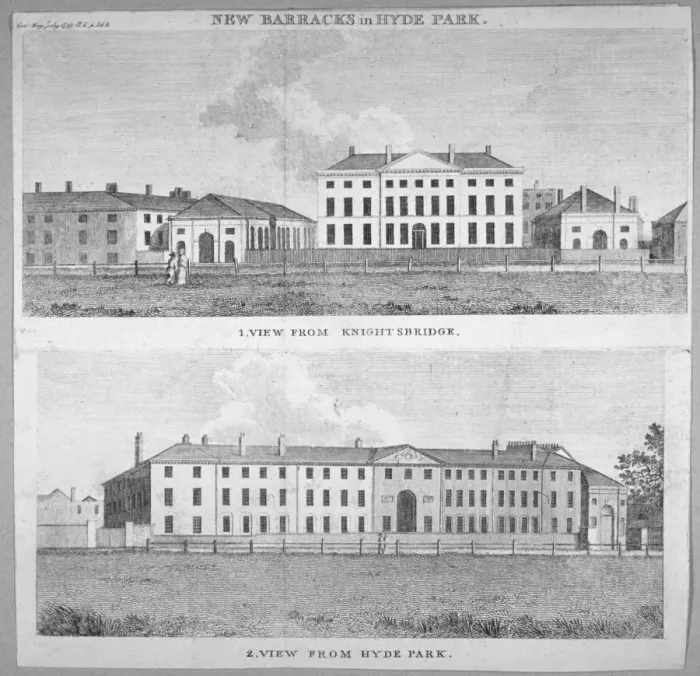 Framed Print : Two views of the new barracks in Hyde Park, London, 1797. Artist Framed Print : Two views of the new barracks in Hyde Park, London, 1797. Artist