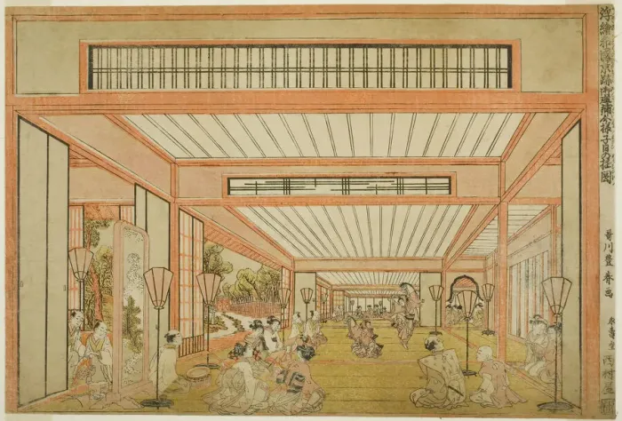 Framed Print : Views of Reception Rooms in Japan - Entertainments on the Day of the Rat in the Mode... c. 1771 / 76. Creator: Utagawa Toyoharu Framed Print : Views of Reception Rooms in Japan - Entertainments on the Day of the Rat in the Mode... c. 1771 / 76. Creator: Utagawa Toyoharu