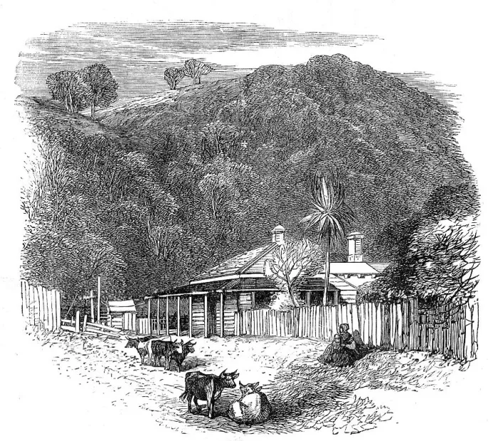 Framed Print : Views at the Seat of the War in New Zealand: settler's house at Waikato, 1864. Creator: Unknown Framed Print : Views at the Seat of the War in New Zealand: settler's house at Waikato, 1864. Creator: Unknown