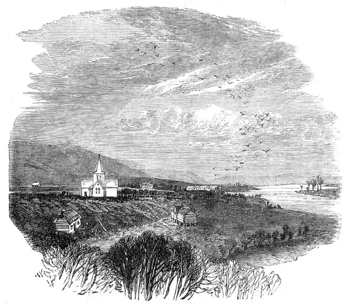 Framed Print : Views at the Seat of the War in New Zealand: village on the Waikato River, 1864. Creator: Unknown Framed Print : Views at the Seat of the War in New Zealand: village on the Waikato River, 1864. Creator: Unknown