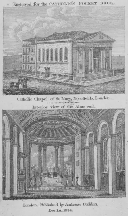 Framed Print : Two views of St Marys Roman Catholic Church, Moorfields, City of London, 1824. Artist Framed Print : Two views of St Marys Roman Catholic Church, Moorfields, City of London, 1824. Artist