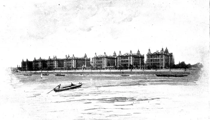 Framed Print : Views of St. Thomas's Hospital: the hospital from the river, 1895. Creator: George Meisenbach. Views of St. Thomas's Hospital: the hospital from the river, 1895 Framed Print : Views of St. Thomas's Hospital: the hospital from the river, 1895. Creator: George Meisenbach. Views of St. Thomas's Hospital: the hospital from the river, 1895