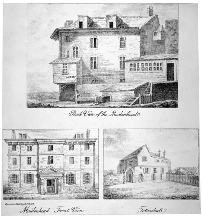 Framed Print : Three views of Toten Hall, Tottenham Court Road, St Pancras, London, c1810 Framed Print : Three views of Toten Hall, Tottenham Court Road, St Pancras, London, c1810