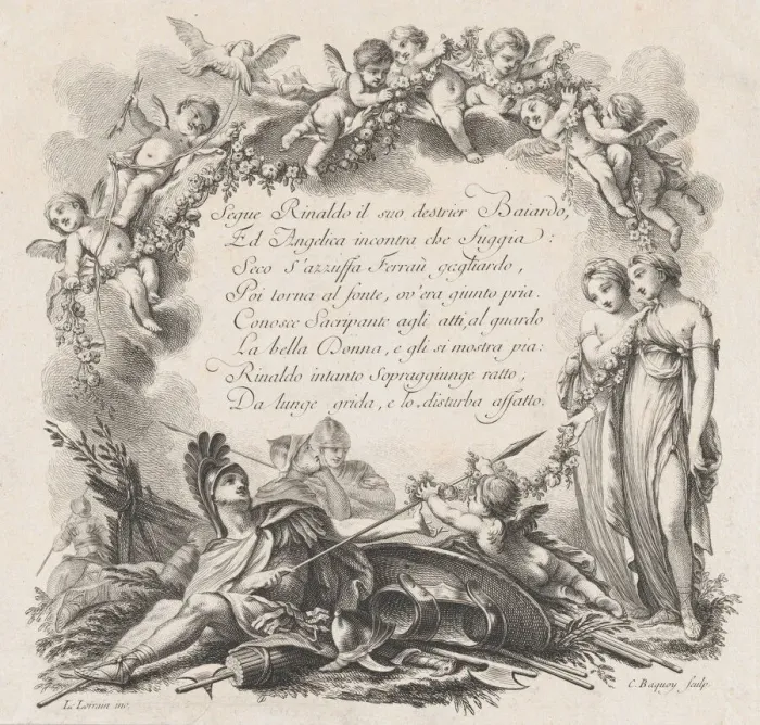 Framed Print : Vignette for the first chant of Roland Furieux, 18th century Framed Print : Vignette for the first chant of Roland Furieux, 18th century