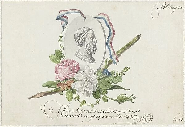 Vignette with flowers, portrait medallion of Homer and ribbon, 1782. Creator: Willem Bilderdijk