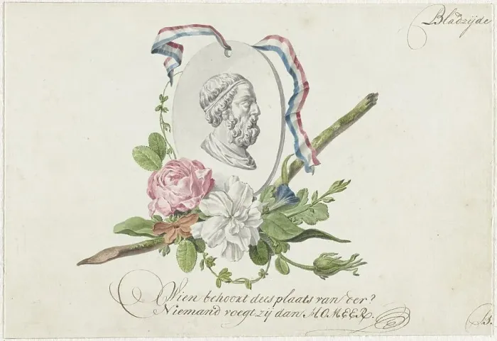 Framed Print : Vignette with flowers, portrait medallion of Homer and ribbon, 1782. Creator: Willem Bilderdijk Framed Print : Vignette with flowers, portrait medallion of Homer and ribbon, 1782. Creator: Willem Bilderdijk