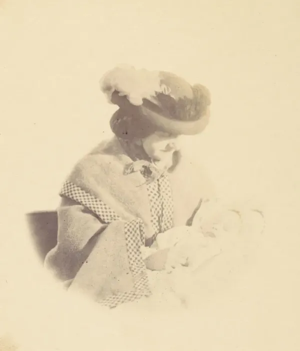 Framed Print : [Vignetted portrait, woman holding a baby], 1850s-60s. Creator: Alfred Capel-Cure