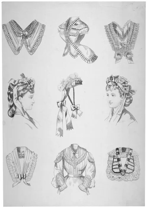 Framed Print : Nine vignettes of collars, hats and bodices, 1872 Framed Print : Nine vignettes of collars, hats and bodices, 1872
