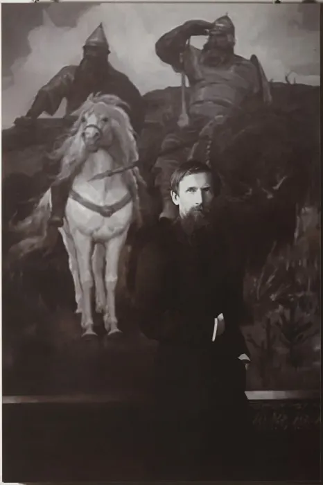 Framed Print : Viktor Vasnetsov before his painting Bogatyrs. Artist: Anonymous Framed Print : Viktor Vasnetsov before his painting Bogatyrs. Artist: Anonymous