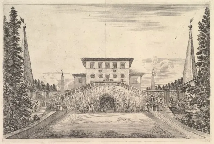 Framed Print : The villa at center flanked by four obelisks, a staircase to either side, a statue in