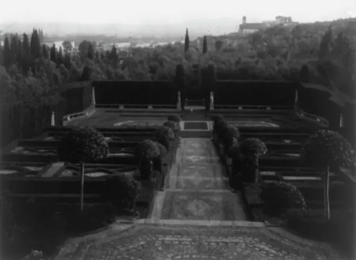 Framed Print : Villa I Tatti, estate of art historian Bernard Berenson, Ponte a Mensola, Italy: Garden, 1925. Creator: Frances Benjamin Johnston Framed Print : Villa I Tatti, estate of art historian Bernard Berenson, Ponte a Mensola, Italy: Garden, 1925. Creator: Frances Benjamin Johnston