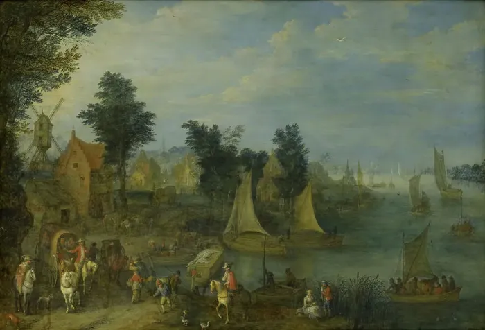 Framed Print : Village on the Bank of a River, 1723. Creator: Joseph van Bredael Framed Print : Village on the Bank of a River, 1723. Creator: Joseph van Bredael