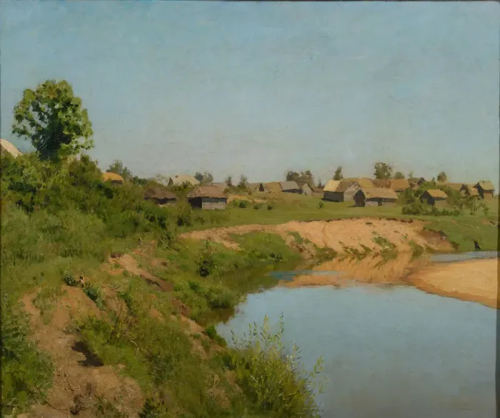 Framed Print : Village on the banks of the river, 1890s Framed Print : Village on the banks of the river, 1890s