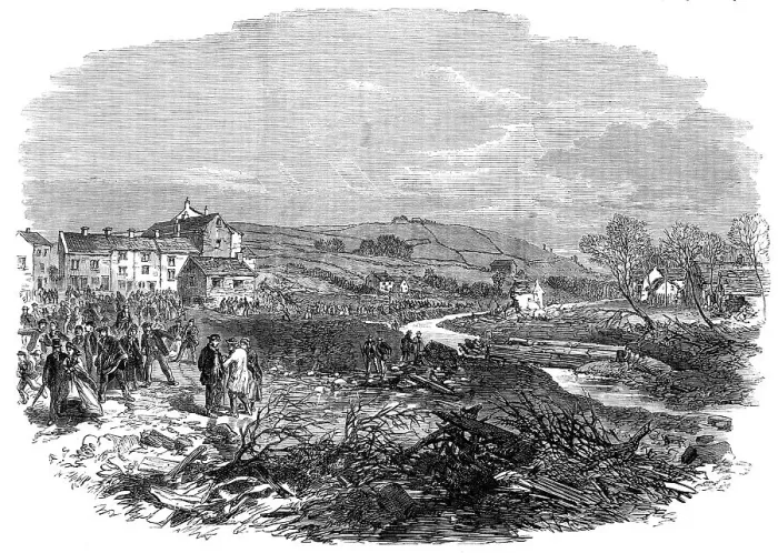 Framed Print : The village of Bradfield, near Sheffield, scene of the late floods...by our special artist, 1864. Creator: Unknown