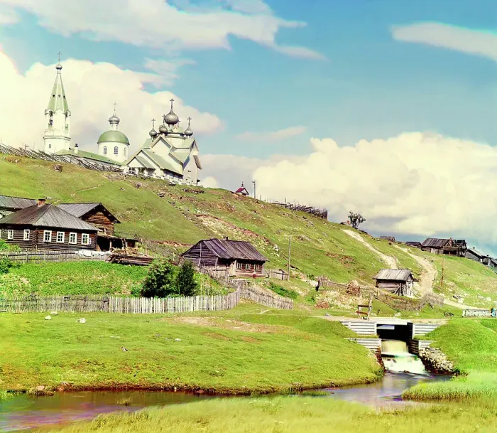 Framed Print : Village of Deviatiny and the Saint Boris dam [Russian Empire], 1909. Creator: Sergey Mikhaylovich Prokudin-Gorsky
