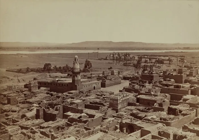Framed Print : Village of Edfu, View Taken from the Pylon of the Temple, late 19th century. Creator: Henri Bechard Framed Print : Village of Edfu, View Taken from the Pylon of the Temple, late 19th century. Creator: Henri Bechard