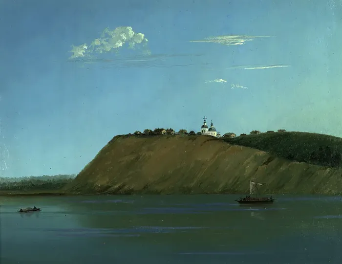 Framed Print : Village of Filinsk on the Right Bank of the Irtysh, 1883. Creator: Pavel Mikhailovich Kosharov Framed Print : Village of Filinsk on the Right Bank of the Irtysh, 1883. Creator: Pavel Mikhailovich Kosharov