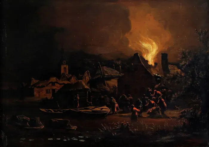 Framed Print : Village Fire by Night, 1654-1664. Creator: Egbert van der Poel Framed Print : Village Fire by Night, 1654-1664. Creator: Egbert van der Poel