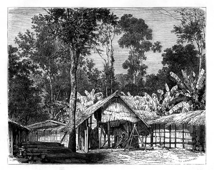 Framed Print : Village, Gabon, 19th century. Artist: E Therond Framed Print : Village, Gabon, 19th century. Artist: E Therond