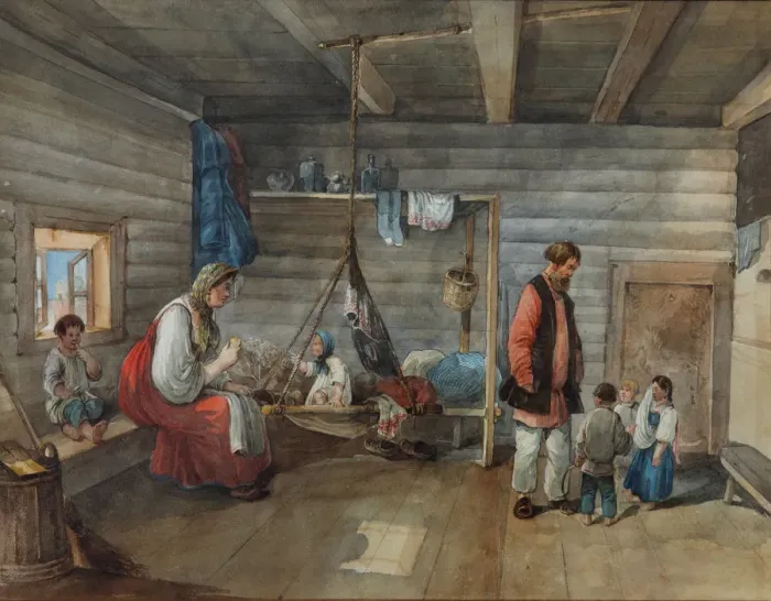 Framed Print : In a village house, 1841. Artist: Kolmann, Karl Ivanovich (1786-1846) Framed Print : In a village house, 1841. Artist: Kolmann, Karl Ivanovich (1786-1846)