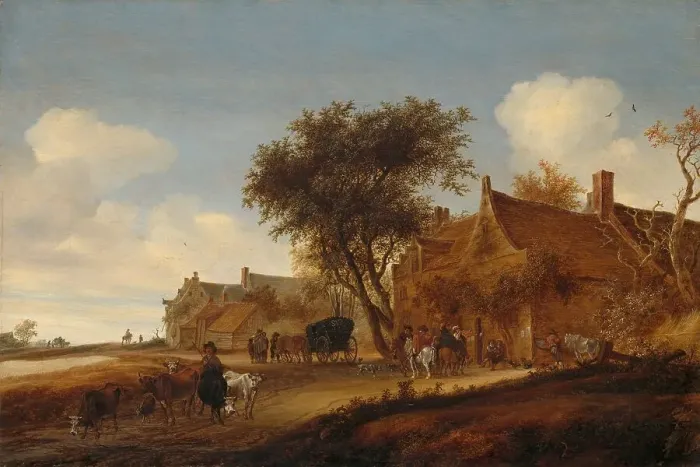 Framed Print : A village inn with stagecoach, 1655. Creator: Salomon Ruysdael Framed Print : A village inn with stagecoach, 1655. Creator: Salomon Ruysdael