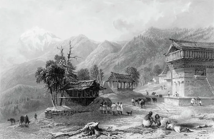 Framed Print : The Village of Khandoo, Himalaya Mountains, 1845. Creator: William Purser Framed Print : The Village of Khandoo, Himalaya Mountains, 1845. Creator: William Purser