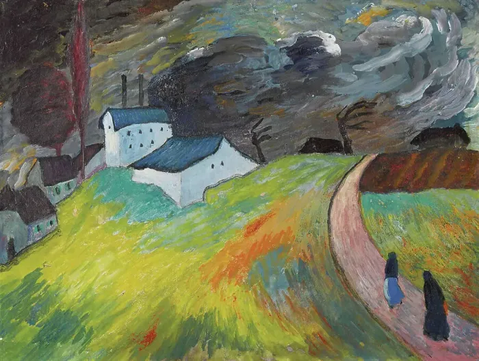 Framed Print : Village landscape with two women returning home, c1917. Creator: Werefkin; Marianne; von (1860-1938)