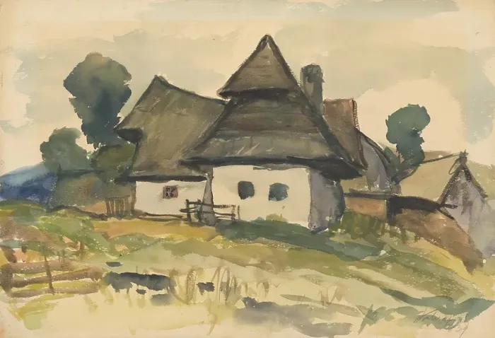 Framed Print : Village motif, 1930. Creator: Zolo Palugyay Framed Print : Village motif, 1930. Creator: Zolo Palugyay