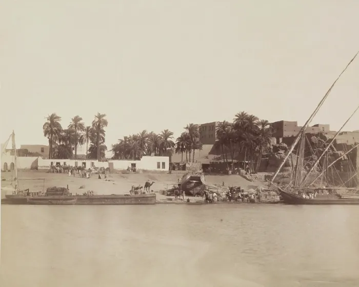 Framed Print : Village on the Nile, 19th century. Creator: Anon Framed Print : Village on the Nile, 19th century. Creator: Anon