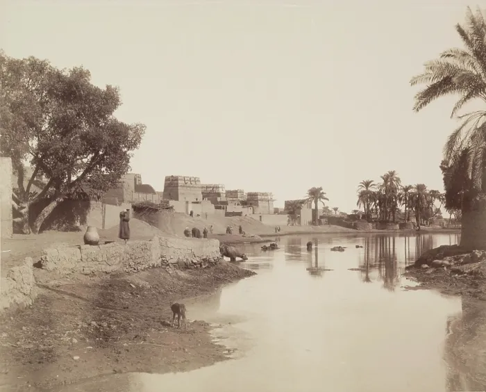 Framed Print : Village on the Nile, 19th century. Creator: Anon Framed Print : Village on the Nile, 19th century. Creator: Anon