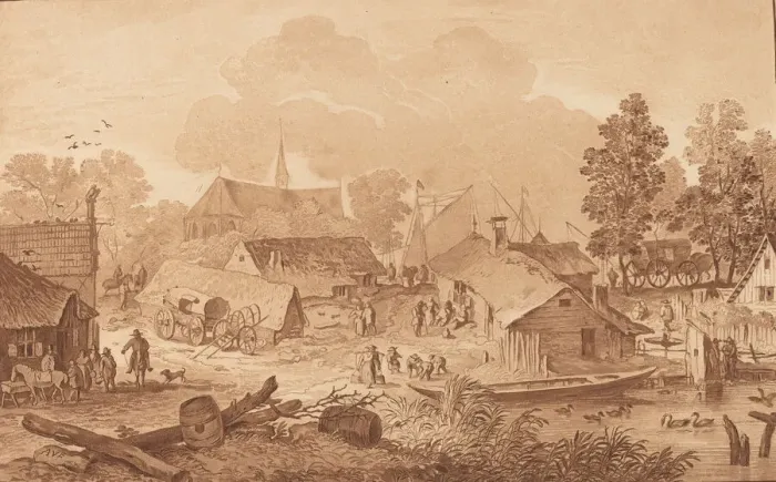 Framed Print : Village with Pond, c. 1782. Creator: Cornelis Brouwer Framed Print : Village with Pond, c. 1782. Creator: Cornelis Brouwer