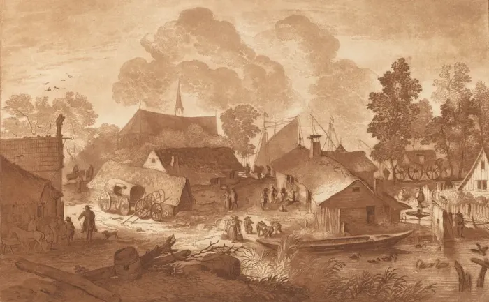 Framed Print : Village with Pond, c. 1782. Creator: Cornelis Brouwer Framed Print : Village with Pond, c. 1782. Creator: Cornelis Brouwer