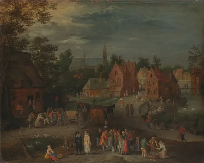 Framed Print : Village with a Puppeteer Entertaining a Small Crowd, c.1650-c.1660. Creator: Peeter Gysels Framed Print : Village with a Puppeteer Entertaining a Small Crowd, c.1650-c.1660. Creator: Peeter Gysels