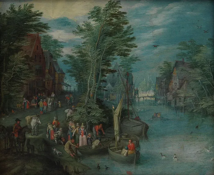 Framed Print : Village at a River, 1636-1691. Creator: Peeter Gysels Framed Print : Village at a River, 1636-1691. Creator: Peeter Gysels