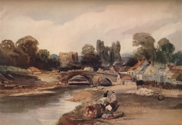 Framed Print : A Village on a River, with Bridge and Ruins, c1824. Artist: Peter de Wint Framed Print : A Village on a River, with Bridge and Ruins, c1824. Artist: Peter de Wint