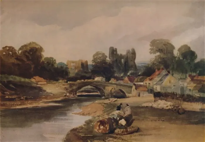 Framed Print : A Village on a River, c1824, (1935). Artist: Peter de Wint Framed Print : A Village on a River, c1824, (1935). Artist: Peter de Wint