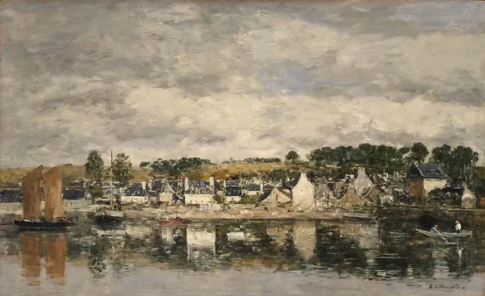 Framed Print : Village by a River, probably 1867. Creator: Eugene Louis Boudin Framed Print : Village by a River, probably 1867. Creator: Eugene Louis Boudin