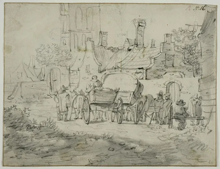 Framed Print : Village scene with carriages. Creator: Pieter Molijn Framed Print : Village scene with carriages. Creator: Pieter Molijn