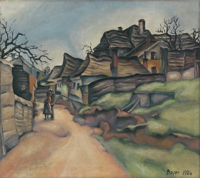 Framed Print : Village scene with figures, 1924. Creator: Konstantin Bauer Framed Print : Village scene with figures, 1924. Creator: Konstantin Bauer
