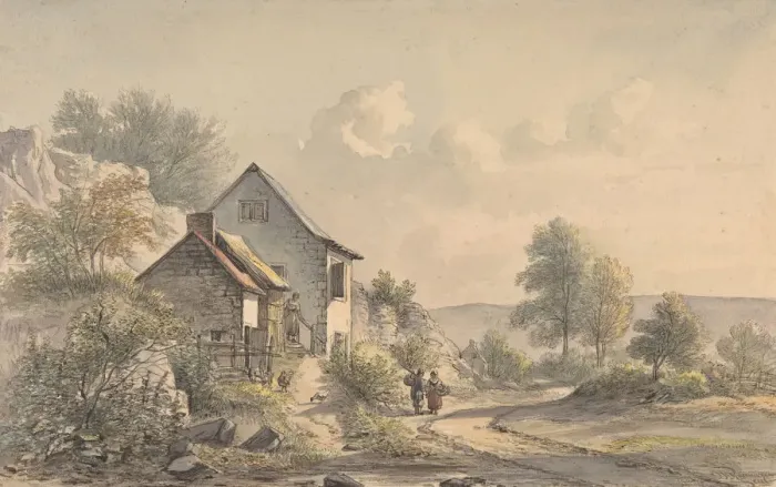 Framed Print : Village Scene with Figures, 19th century. Creator: Jan van Ravenswaay Framed Print : Village Scene with Figures, 19th century. Creator: Jan van Ravenswaay