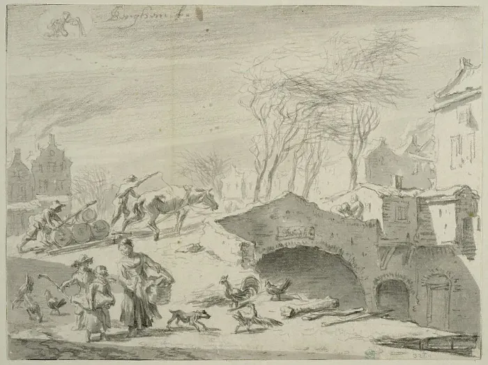 Framed Print : Village Scene (January), c17th century. Creator: Nicolaes Berchem