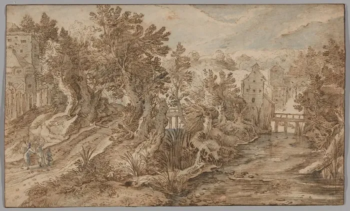 Framed Print : Village Scene with a River and Wooden Bridge, 1595 / 1600. Creator: Pieter Stevens Framed Print : Village Scene with a River and Wooden Bridge, 1595 / 1600. Creator: Pieter Stevens