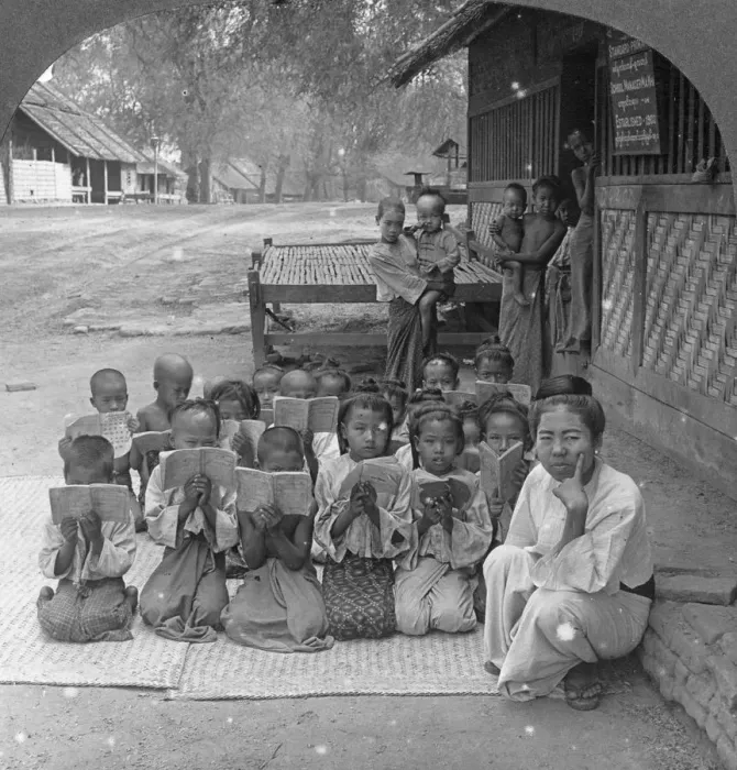 Framed Print : Village school and teacher, Amarapura, Burma, 1908. Artist: Stereo Travel Co Framed Print : Village school and teacher, Amarapura, Burma, 1908. Artist: Stereo Travel Co