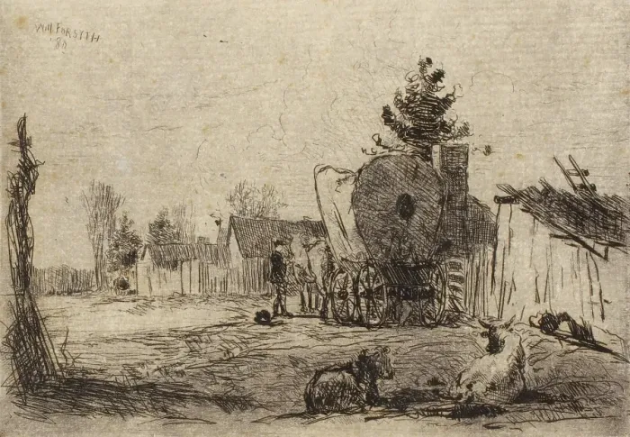 Framed Print : Village Street with Cattle and Covered Wagon, 1880. Creator: William Forsyth Framed Print : Village Street with Cattle and Covered Wagon, 1880. Creator: William Forsyth