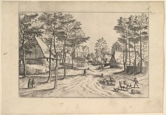 Framed Print : Village Street, cattle, sheep and herdsman in the foreground from Praediorum villar Framed Print : Village Street, cattle, sheep and herdsman in the foreground from Praediorum villar