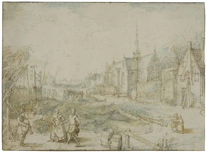 Framed Print : Village street with church. Creator: Cornelis Claesz van Wieringen Framed Print : Village street with church. Creator: Cornelis Claesz van Wieringen