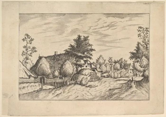 Framed Print : Village Street, hay stacked in front of a farm from Praediorum villarum et rusticar Framed Print : Village Street, hay stacked in front of a farm from Praediorum villarum et rusticar